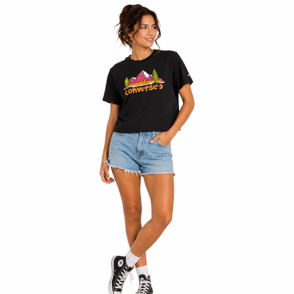 CONVERSE Women’s Black Graphic Cropped Short Sleeve T-Shirt Size Small